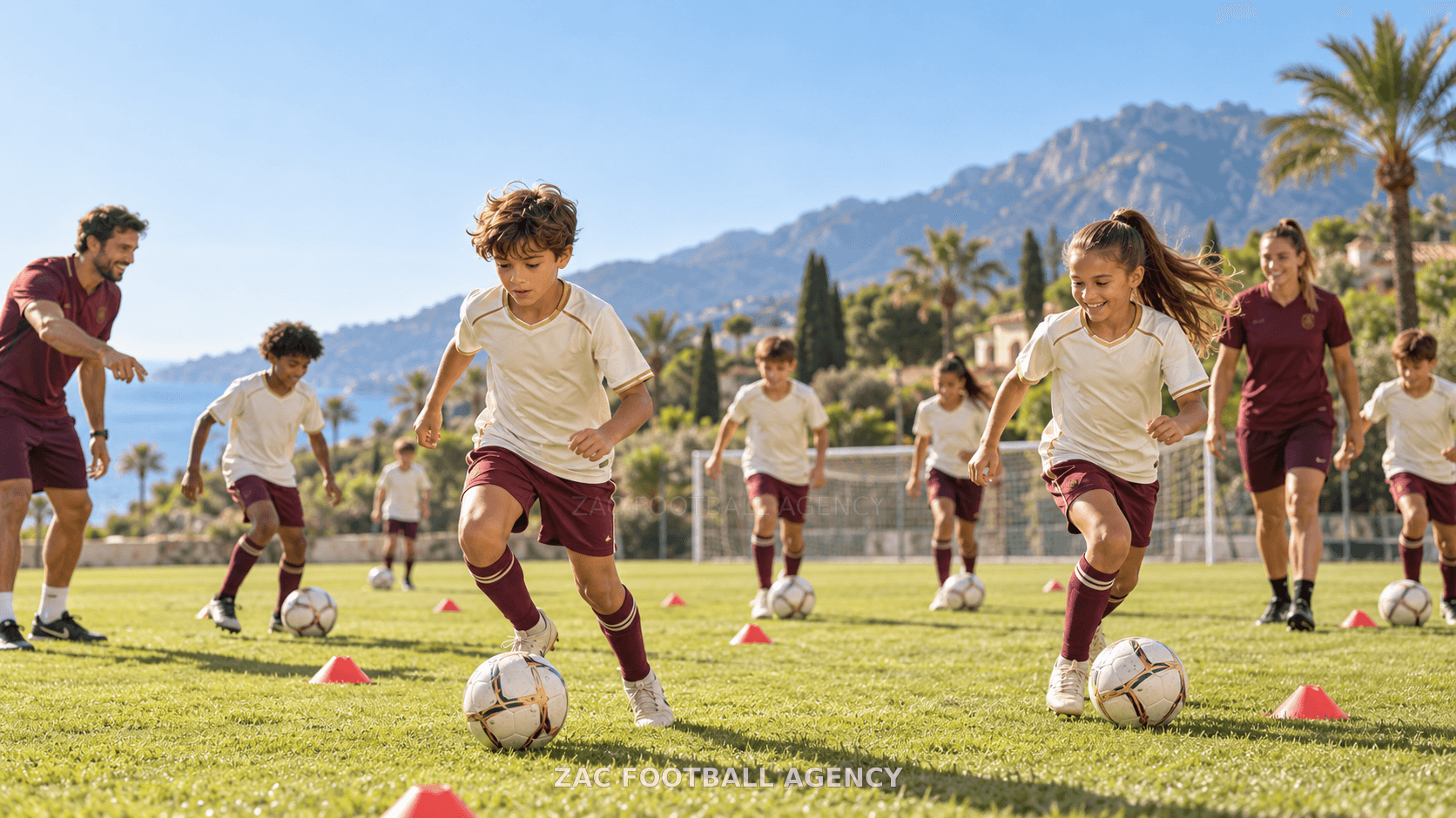 Niños y niñas entrenando con balón en un campus de fútbol