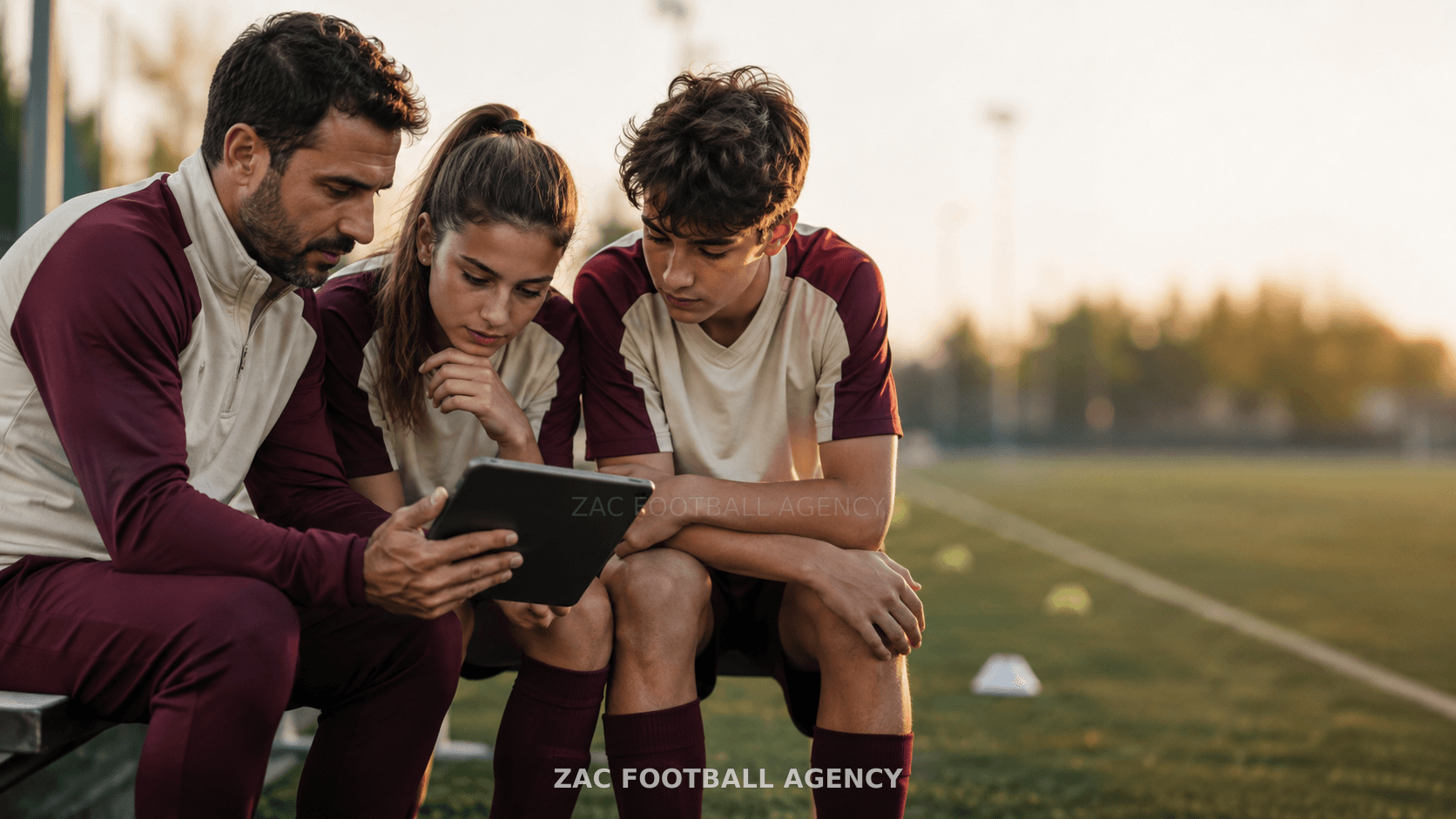 Entrenador y futbolistas revisando una sesión en una tableta