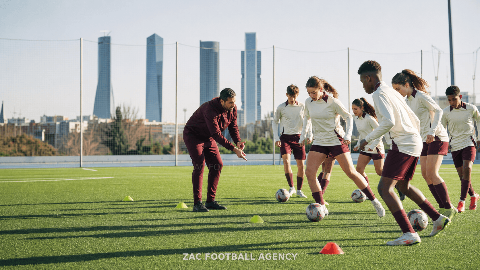 Grupo de futbolistas realizando ejercicios de tecnificación en el campo