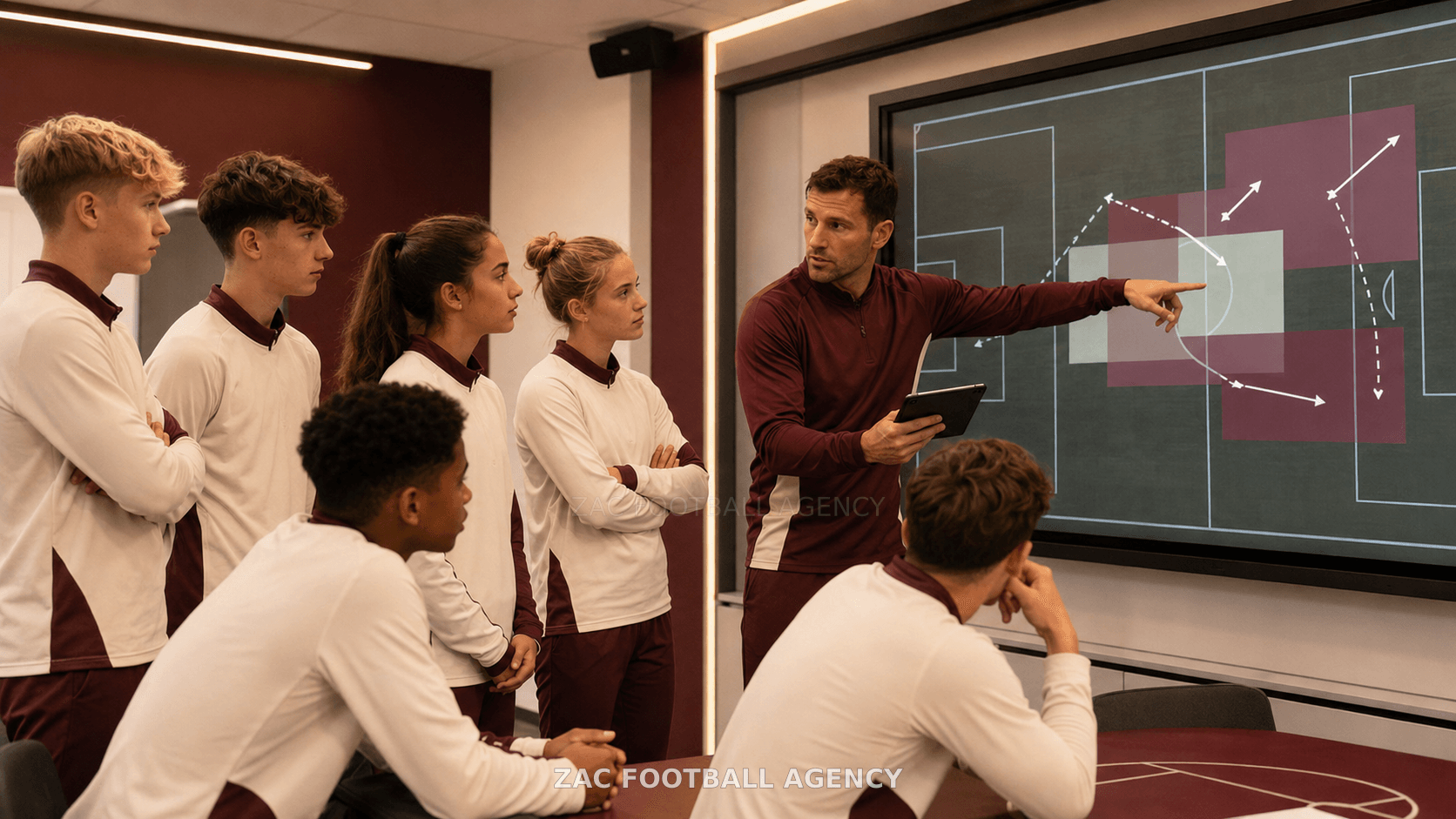 Sesión de análisis táctico con entrenador y futbolistas