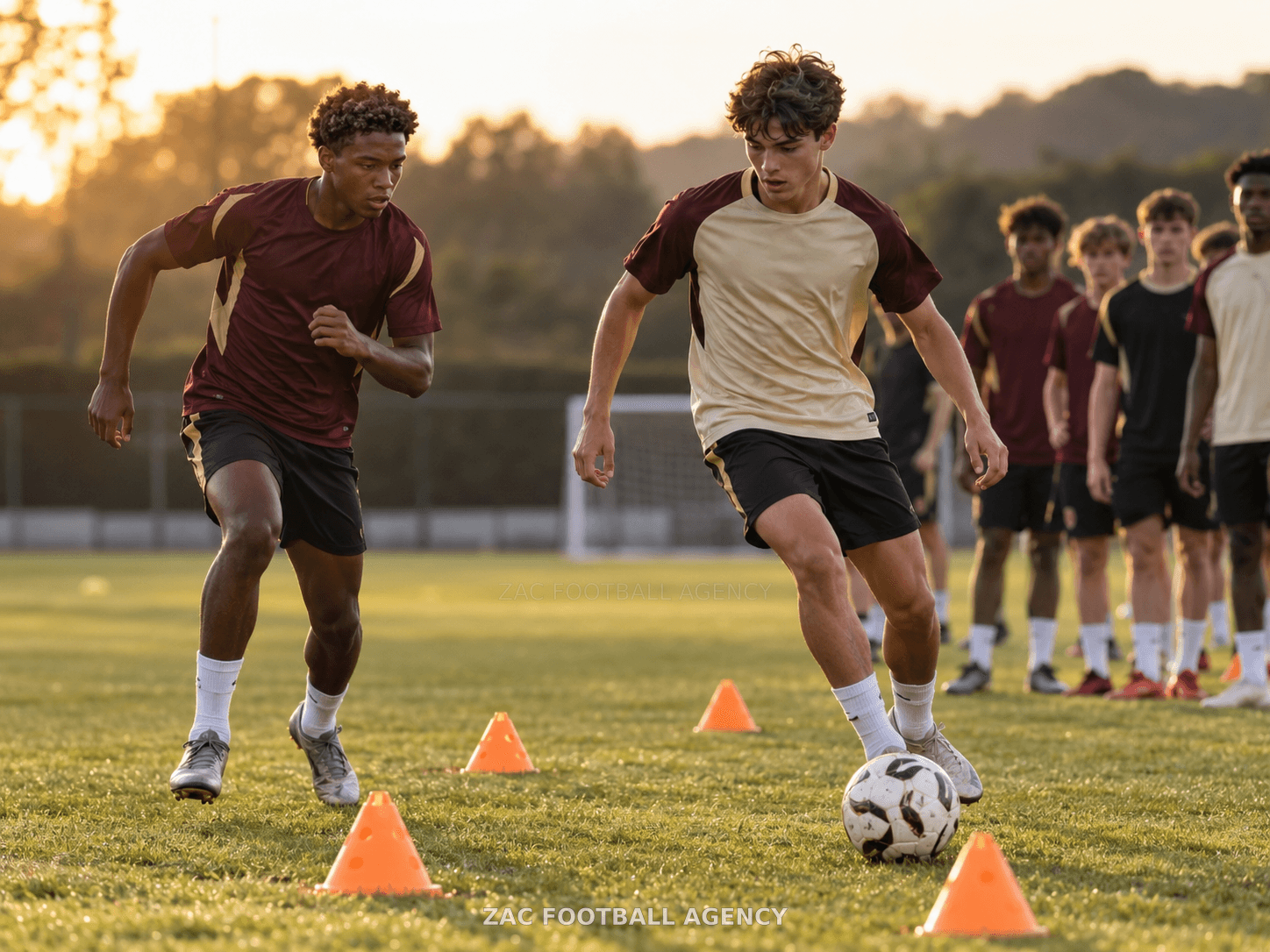 Futbolistas realizando un ejercicio competitivo con balón
