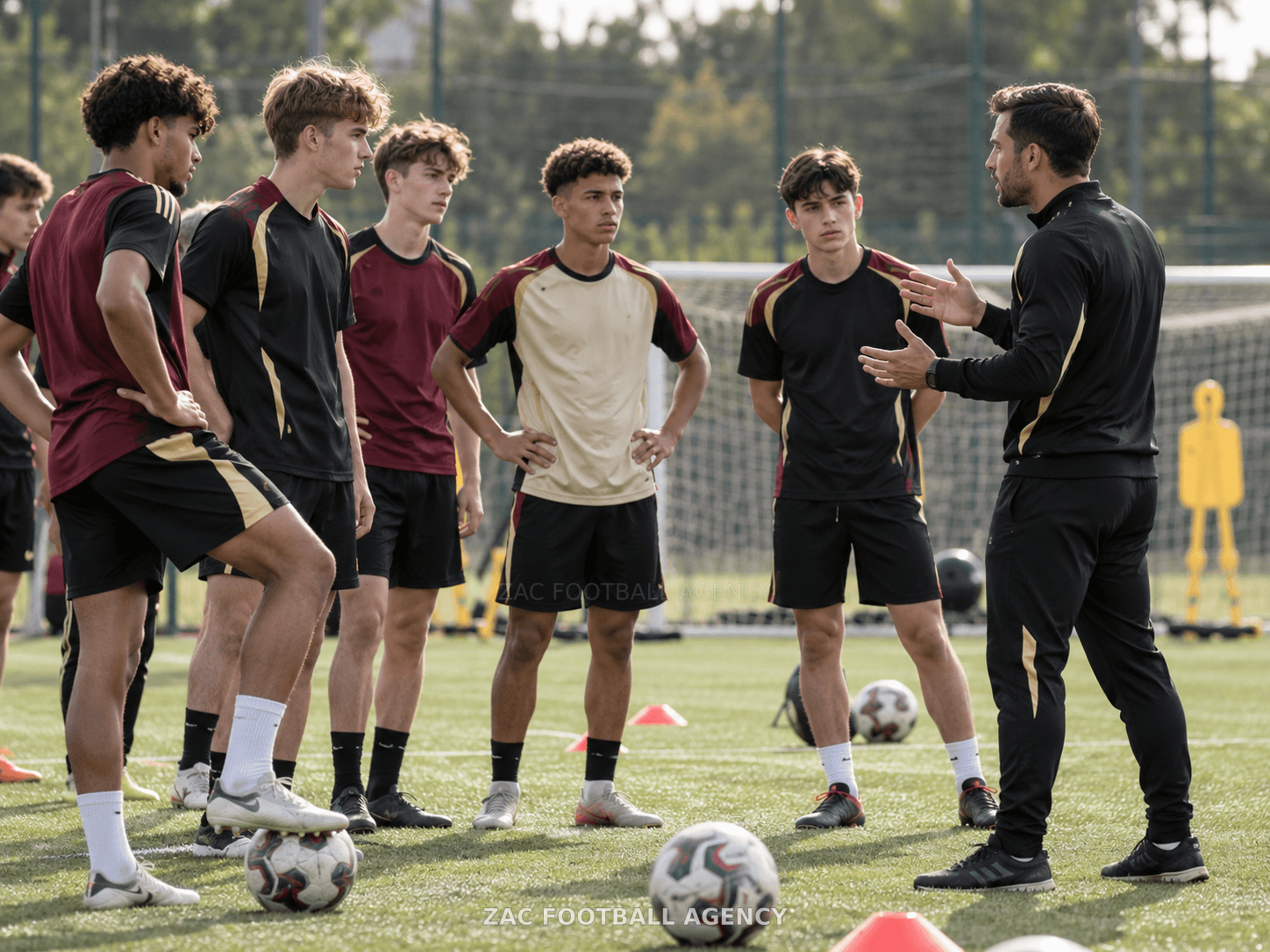 Entrenador orientando a un grupo de futbolistas en el campo