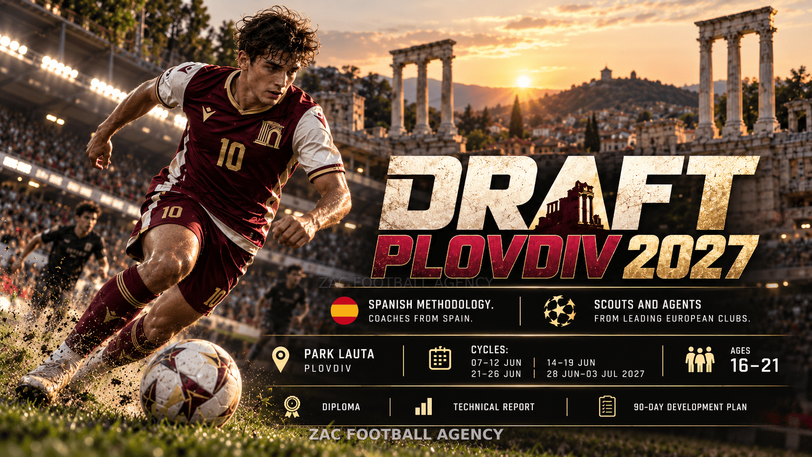 Cartel proporcionado de DRAFT PLOVDIV 2027 en Park Lauta, con cuatro ciclos y edades de 16 a 21 años