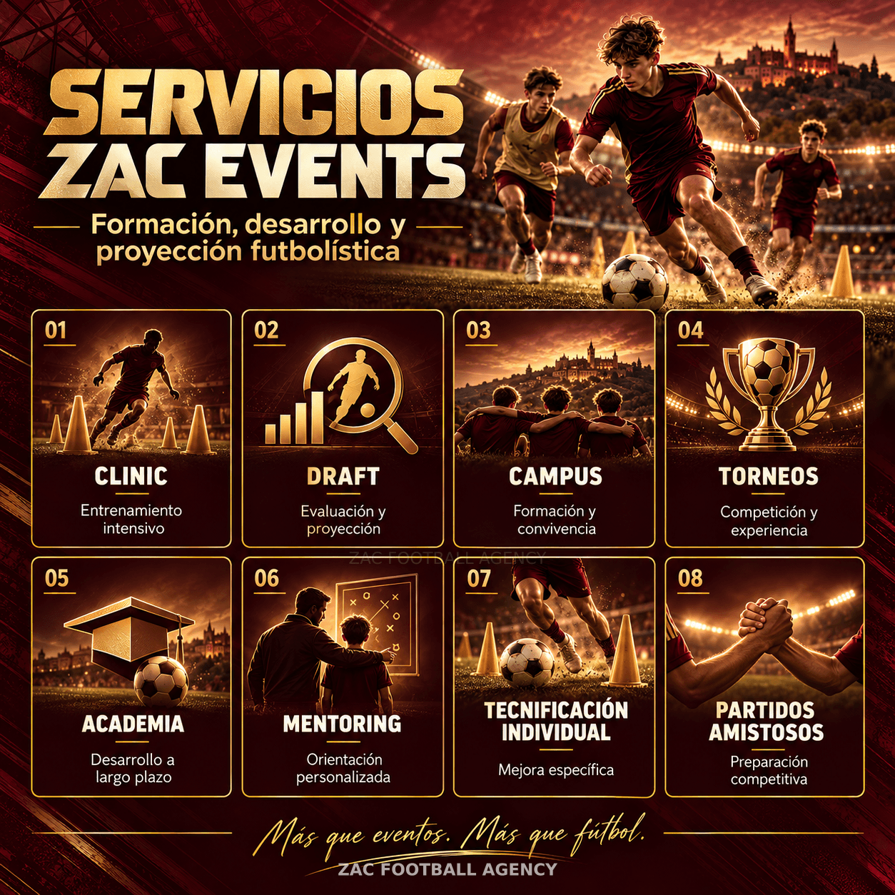 Los ocho servicios de ZAC Events: Clinic, Draft, Campus, Torneos, Academia, Mentoring, Tecnificación individual y Partidos amistosos