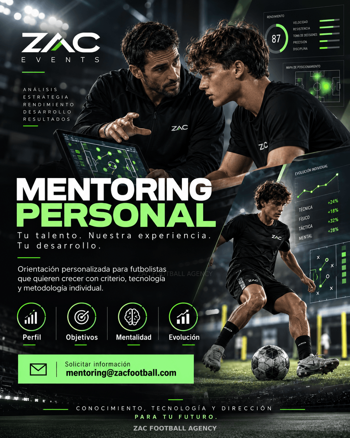 Mentor y futbolista analizando el juego con herramientas tecnológicas